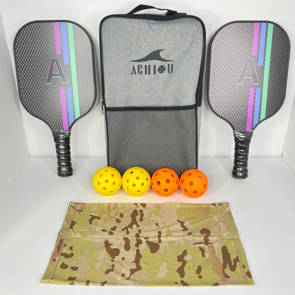 Achiou Pickleball Set 2 Carbon Fiber Paddles 4 Balls Bag Camo Gaiter New